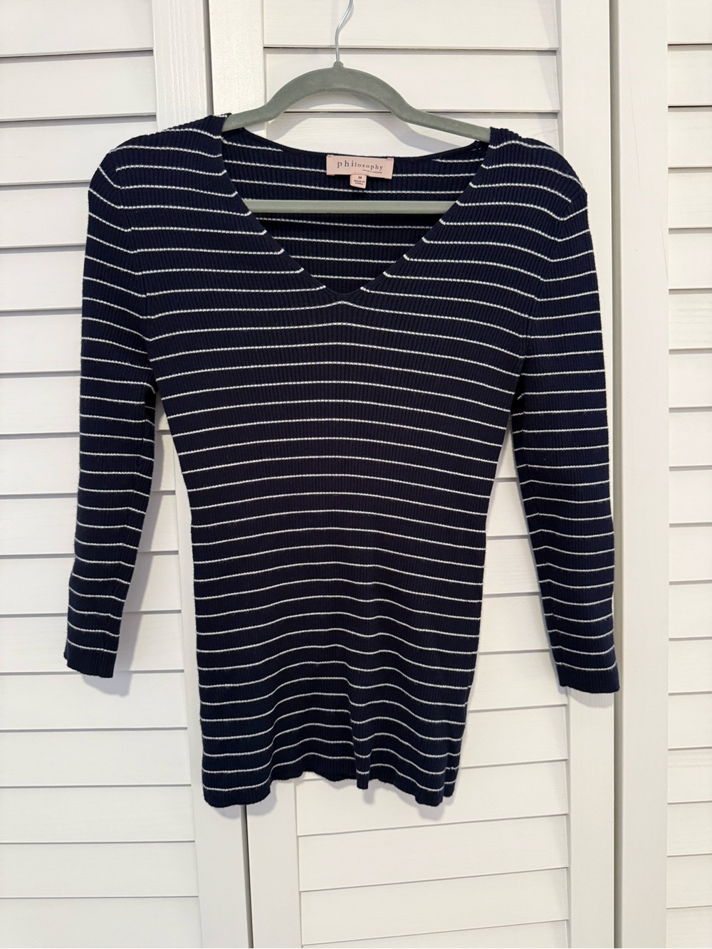 Philosophy Navy & White Striped V-Neck Women's Top, Nautical, Fall